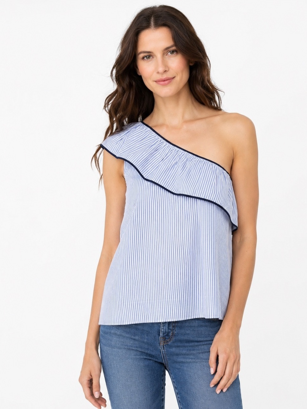 J. Crew Factory One Shoulder Top Size 6 Blue Striped